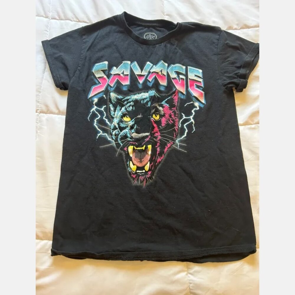 It's About The Art Black Tee T-Shirt Sz S Top "Savage" Panther Print
